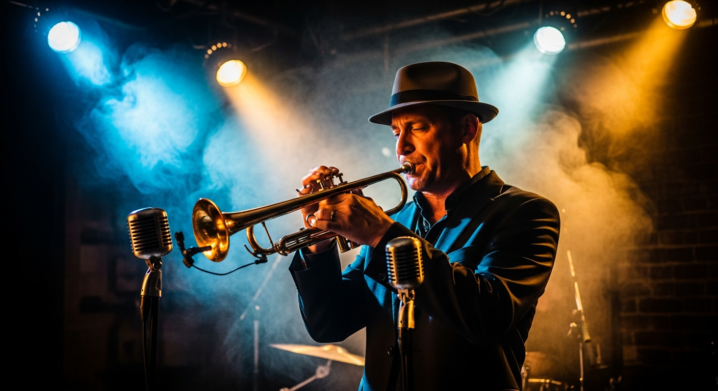 Jazz musician performing trumpet on stage with dramatic lighting